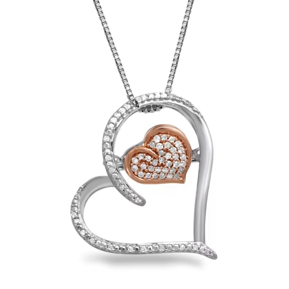 NEW Diamond Hearts Necklace 10k Rose Gold & Sterling Silver round cut 1/10 ct tw